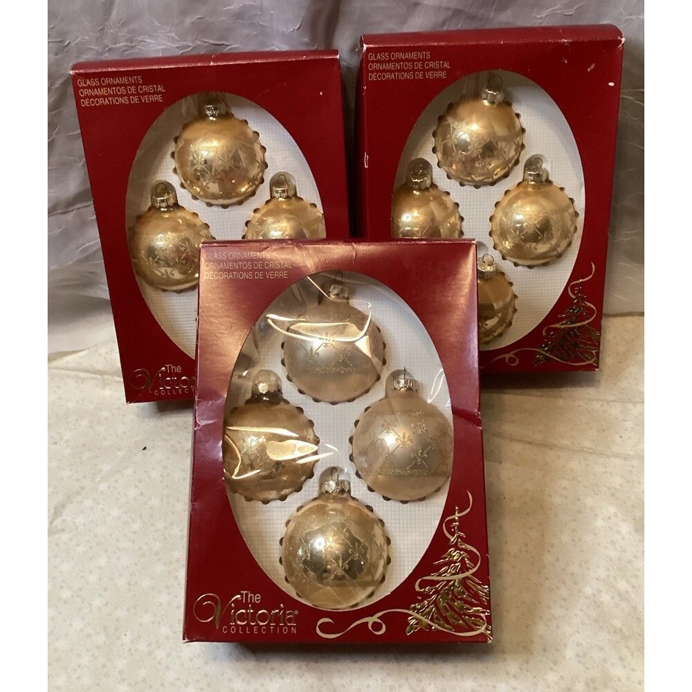 Victoria Collection Ranch USA Glass Golden Christmas Ornaments 3 Boxes 12 Balls